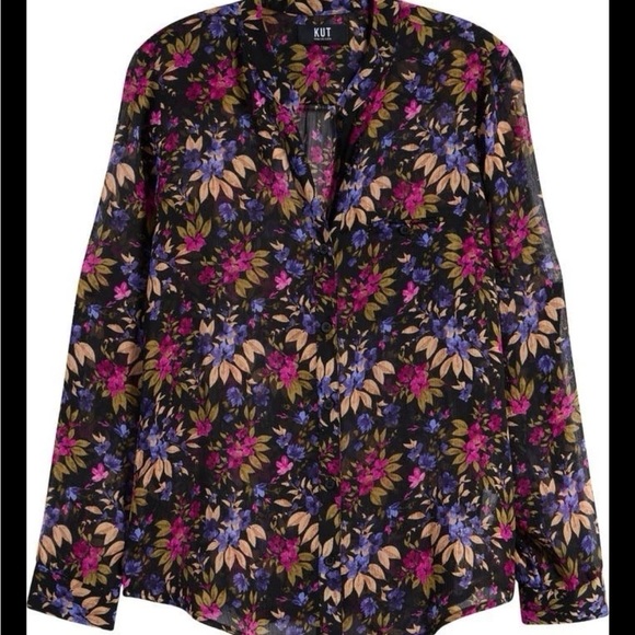 KUT Small Black Floral Blouse Jasmine Chiffon Festival Sheer Button-Up Blouse - Picture 5 of 8